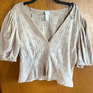 H&M Light Brown Eyelet Blouse with Puff Sleeves